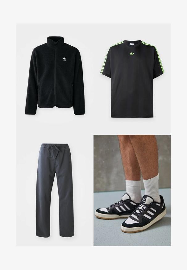 Schwarze Fleecejacke mit hohem Kragen, durchgehendem Reißverschluss und Fronttaschen. Verfügt über strukturiertes Material und ein kleines weißes Logo auf der linken Brust.; Schwarzes T-Shirt aus glattem Stoff mit Rundhalsausschnitt, das drei grüne Streifen auf den Schultern und ein kleines grünes Logo auf der Brust zeigt.; Schwarze, elastische Hose mit einem Gummizug und Kordelzug, mit geradem Bein und glatter Textur. Keine sichtbaren Taschen oder Muster.; Schwarz-weiße Sneaker mit einem Obermaterial aus Wildleder und Leder, ausgestattet mit drei weißen Streifen, einer perforierten Zehenpartie und einer Sohle aus Gummi.