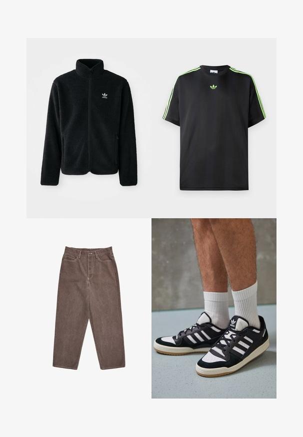 Čierna fleecová bunda s vysokým golierom, zipsom na prednej strane a prednými vreckami. Obsahuje textúrovanú tkaninu a malé biele logo na ľavej hrudi.; Čierne tričko z hladkej tkaniny s okrúhlym výstrihom, s tromi zelenými pruhmi na ramenách a malým zeleným logom na hrudi.; Hnedé džínsy so rovný strihom, s kontrastným bielym šitím a štandardným pásom so zapínaním na prednom gombíku.; Čierno-biele tenisky s vrchom z semišu a kože, s troma bielymi pruhmi, perforovanou špičkou a gumovou podrážkou.