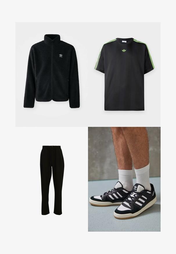 Giacca in pile nera con colletto alto, chiusura zip frontale e tasche anteriori. Presenta un tessuto testurizzato e un piccolo logo bianco sul lato sinistro del petto.; T-shirt nera in tessuto liscio con scollatura a girocollo, caratterizzata da tre strisce verdi sulle spalle e un piccolo logo verde sul petto.; Pantaloni neri a coste con vita elastica, dotati di cordino e gamba larga. Il tessuto è morbido con una texture liscia.; Sneaker bianco e nero con tomaia in suede e pelle, caratterizzati da tre strisce bianche, punta perforata e suola in gomma naturale.