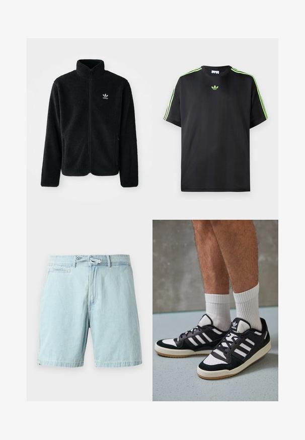 Čierna fleecová bunda s vysokým golierom, zipsom na prednej strane a prednými vreckami. Obsahuje textúrovanú tkaninu a malé biele logo na ľavej hrudi.; Čierne tričko z hladkej tkaniny s okrúhlym výstrihom, s tromi zelenými pruhmi na ramenách a malým zeleným logom na hrudi.; Svetlo modré denimové šortky s elastickým pásom a detailom na viazanie, s bočnými vreckami a voľným strihom. Hladká textúra, ležérny dizajn.; Čierno-biele tenisky s vrchom z semišu a kože, s troma bielymi pruhmi, perforovanou špičkou a gumovou podrážkou.