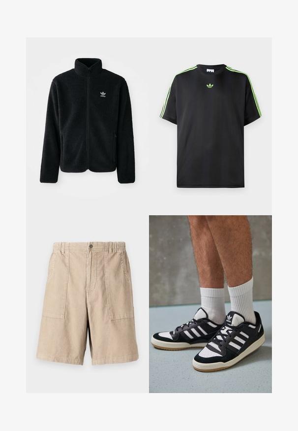 Črna flis jakna z visokim ovratnikom, z zadrgo spredaj in sprednjimi žepi. Ima strukturno blago in majhno belo logo na levi strani prsnega koša.; Črna majica iz gladkega materiala s krožnim izrezom, na ramenih pa ima tri zelene črte in majhen zelen logotip na prsih.; Bež žametne kratke hlače z teksturirano tkanino, dvema stranskima žepoma, elastičnim pasom in enim gumbom za zapiranje.; Črno-bele superge z zgornjim delom iz usnja in nubuka, ki imajo tri bele črte, perforiran vrh prstov in podplat iz gume.