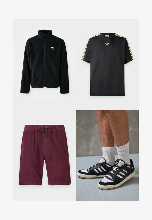Svart fleecejacka med hög krage, blixtlås fram och framfickor. Har strukturtyg och en liten vit logotyp på vänster bröst.; Svart T-shirt i slätt material med rund halsringning, med tre gröna ränder på axlarna och en liten grön logotyp på bröstet.; Burgundy kordflåssshorts med elastiskt midjeband och dragsko. Har vertikal ribbad textur och standardlängd.; Svartvita sneakers med ovandel i mocka och läder, med tre vita ränder, perforerad tå och sula av gummigummi.