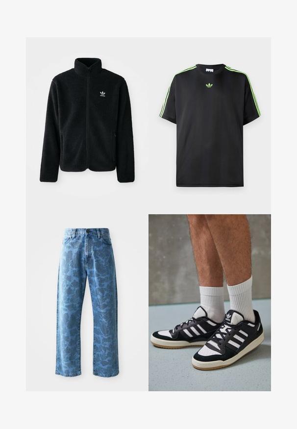 Juodas fliso džemperis su aukštu apykakle, užtrauktuku priekyje ir priekinėmis kišenėmis. Ypatybės: tekstūruota medžiaga ir mažas baltas logotipas kairėje krūtinės pusėje.; Juodas marškinėliai, pagaminti iš lygios medžiagos, su apykakle, turinčia tris žalias juosteles ant pečių ir mažą žalią logotipą ant krūtinės.; Šviesiai mėlyni džinsai su subtiliu toniniu gėlių raštu, plačiomis kojomis, penkiais kišeniais ir užsegimu prie juosmens.; Juodos ir baltos sportinės bateliai su zomšiniu ir odiniu viršumi, su trimis baltomis juostelėmis, perforuota koja ir guminėmis padais.