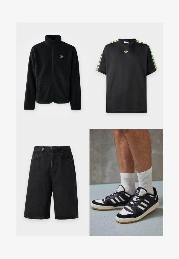 Čierna fleecová bunda s vysokým golierom, zipsom na prednej strane a prednými vreckami. Obsahuje textúrovanú tkaninu a malé biele logo na ľavej hrudi.; Čierne tričko z hladkej tkaniny s okrúhlym výstrihom, s tromi zelenými pruhmi na ramenách a malým zeleným logom na hrudi.; Čierne denímové šortky s voľným strihom, stredne vysokým pásom, piatimi vreckami a pútkami na opasok. Tkanina má hladkú štruktúru a jemné detaily šitia.; Čierno-biele tenisky s vrchom z semišu a kože, s troma bielymi pruhmi, perforovanou špičkou a gumovou podrážkou.