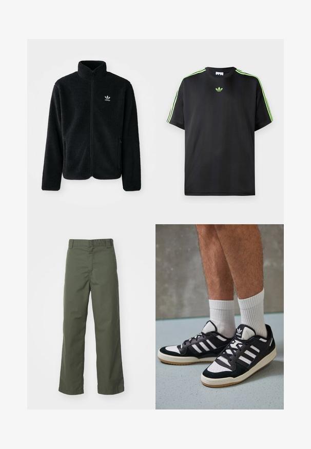 Svart fleecejakke med høy krage, glidelås foran og frontlommer. Har strukturert stoff og liten hvit logo på venstre bryst.; Svart t-skjorte laget av glatt stoff med rund hals, med tre grønne striper på skuldrene og en liten grønn logo på brystet.; Olivegrønne bukser med rett ben laget av bomull. Har en glatt tekstur, flat front og standard midje med beltehemper.; Sorte og hvite sneakers med overdel i semsket skinn og lær, med tre hvite striper, perforert tå og en såle av gummi.