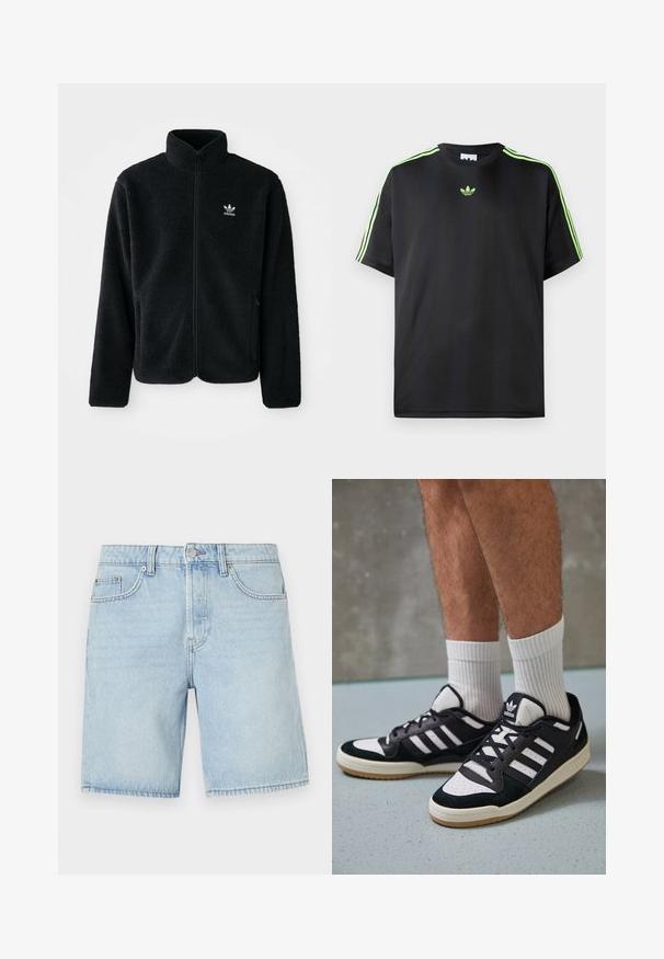 Melns flīsa mētelis ar augstu apkakli, ar rāvējslēdzēju priekšā un priekšējiem kabatām. Iezīmē ar teksturētu audumu un mazu baltu logo uz kreisā krūtīm.; Melnā T-krekls, kas izgatavots no gludas auduma ar apaļu kakla izgriezumu, ar trim zaļām svītrām uz pleciem un mazu zaļu logo uz krūškurvja.; Gaiši zili džinsu šorti ar klasisku piecu kabatu dizainu, taisnu griezumu un redzamām šuvēm. Iespējams metāla poga un rāvējslēdzēja aizdare.; Melnas un baltas kedas ar zamša un ādas augšdaļu, kas aprīkotas ar trim baltām svītrām, perforētu purngali un gumijas zolēm.