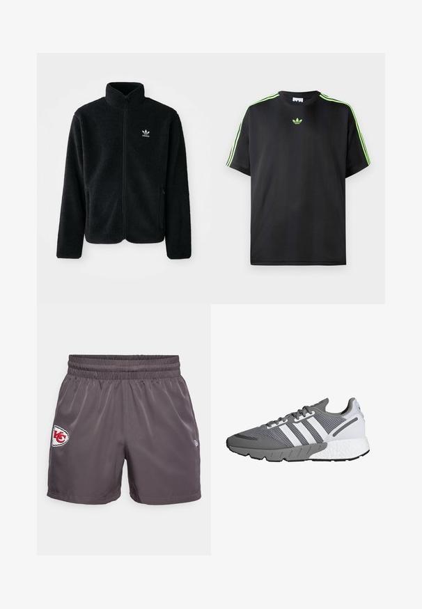 Must värviline fleecedee peasärk kõrge kraega, tõmblukuga esiosa ja esikotid. Omab tekstuuriga kangast ja väikest valget logo vasakul rinnal.; Mustade särk, mis on valmistatud siledast kangast, ümmarguse kaelusega, millel on kolm roheline triipu õlgadel ja väike roheline logo rinnal.; Halli spordilühikesed hallid, millel on elastne vöökoht, punase ja valge Kansas City Chiefsi logo, valmistatud siledast ja kergest kangast.; Halli ja valge spordijalats, millel on võrgust pealispind, kolm valget triipu, pehmendatud talla ning tekstuuriga hall kummialus.