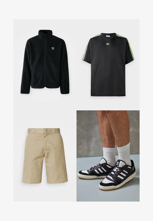 Črna flis jakna z visokim ovratnikom, z zadrgo spredaj in sprednjimi žepi. Ima strukturno blago in majhno belo logo na levi strani prsnega koša.; Črna majica iz gladkega materiala s krožnim izrezom, na ramenih pa ima tri zelene črte in majhen zelen logotip na prsih.; Khaki kratke hlače s ravnim sprednjim delom, šivanjem pasu z zankami za pas in dvema stranskima žepe. Narejene iz lahkega materiala.; Črno-bele superge z zgornjim delom iz usnja in nubuka, ki imajo tri bele črte, perforiran vrh prstov in podplat iz gume.