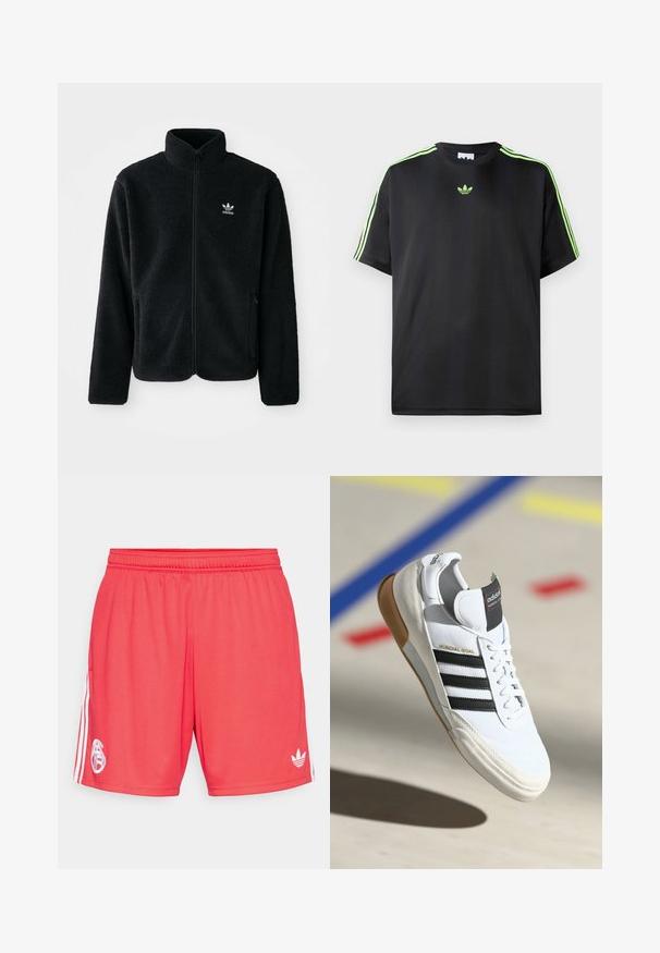 Zwarte fleece jacket met hoge kraag, ritssluiting aan de voorkant en voorzakken. Kenmerkt zich door textuurstof en een klein wit logo op de linkerborst.; Zwarte T-shirt van gladde stof met een ronde halslijn, voorzien van drie groene strepen op de schouders en een klein groen logo op de borst.; Rode sportieve shorts van lichtgewicht stof, met een wit logo op het linkerbeen en drie witte strepen langs de zijkanten.; Witte Adidas Mundial Goal sneakers met zwarte strepen en gumzool, midden in de lucht boven een sportvloer met gekleurde lijnen.