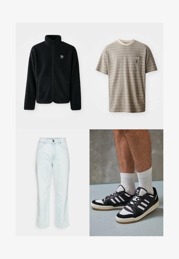 Črna flis jakna z visokim ovratnikom, z zadrgo spredaj in sprednjimi žepi. Ima strukturno blago in majhno belo logo na levi strani prsnega koša.; Majica s kratkimi rokavi v bež in rjavi črtasti vzorec, z okroglim izrezom in žepom na prsih s logotipom. Teksturirana tkanina.; Svijetloplave traperice s visokim strukom, ravnim nogavicama, duplim šavovima i patentnim zatvaračem. Ima dva prednja džepa i brendiranu etiketu.; Črno-bele superge z zgornjim delom iz usnja in nubuka, ki imajo tri bele črte, perforiran vrh prstov in podplat iz gume.