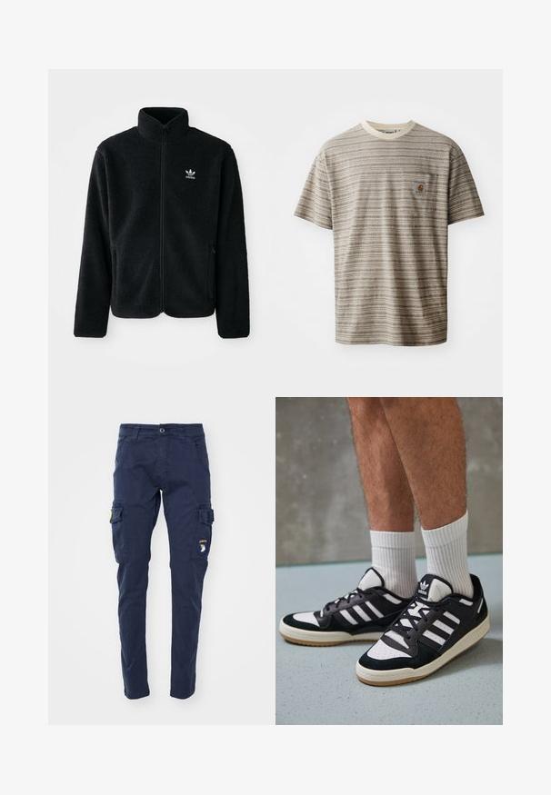 Čierna fleecová bunda s vysokým golierom, zipsom na prednej strane a prednými vreckami. Obsahuje textúrovanú tkaninu a malé biele logo na ľavej hrudi.; Krátky rukáv pruhované tričko v béžovej a hnedej farbe, s okrúhlym výstrihom a náprsním vreckom so záplatou s logom. Textúrovaná tkanina.; Alpha Industries PETROL PATCH - Kapsáče - ultra navy; Čierno-biele tenisky s vrchom z semišu a kože, s troma bielymi pruhmi, perforovanou špičkou a gumovou podrážkou.