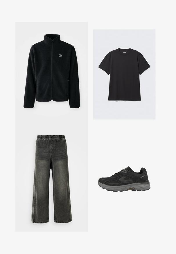 Chupa de forro polar negro con cuello alto, cierre frontal y bolsillos delanteros. Presenta tela texturizada y un pequeño logo blanco en el lado izquierdo del pecho.; Camiseta de algodón de manga corta en color negro. Cuenta con un cuello redondo y un corte relajado. Diseño sencillo sin patrones ni acentos visibles.; Pantalones de mezclilla negro lavado con cinturilla elástica y piernas anchas, con sutiles detalles de costura vertical en los lados.; Zapatilla deportiva negra con parte superior de ante y malla, suela de goma gris, punta redonda, diseño de cordones y detalles de costura en contraste.