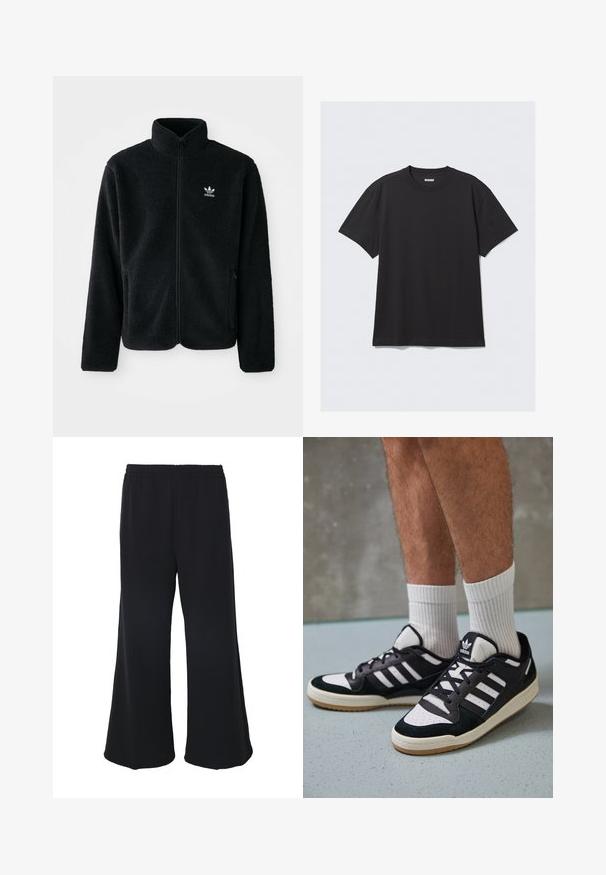 Zwarte fleece jacket met hoge kraag, ritssluiting aan de voorkant en voorzakken. Kenmerkt zich door textuurstof en een klein wit logo op de linkerborst.; Zwarte korte mouwen T-shirt van katoen. Kenmerkt zich door een ronde halslijn en een ontspannen pasvorm. Eenvoudig ontwerp zonder zichtbare patronen of accenten.; Weekday GABRIEL LOOSE TROUSERS - Broek - black; Zwart-witte sneakers met een bovenwerk van suede en leer, voorzien van drie witte strepen, een geperforeerde neus en een rubberen gumzool.