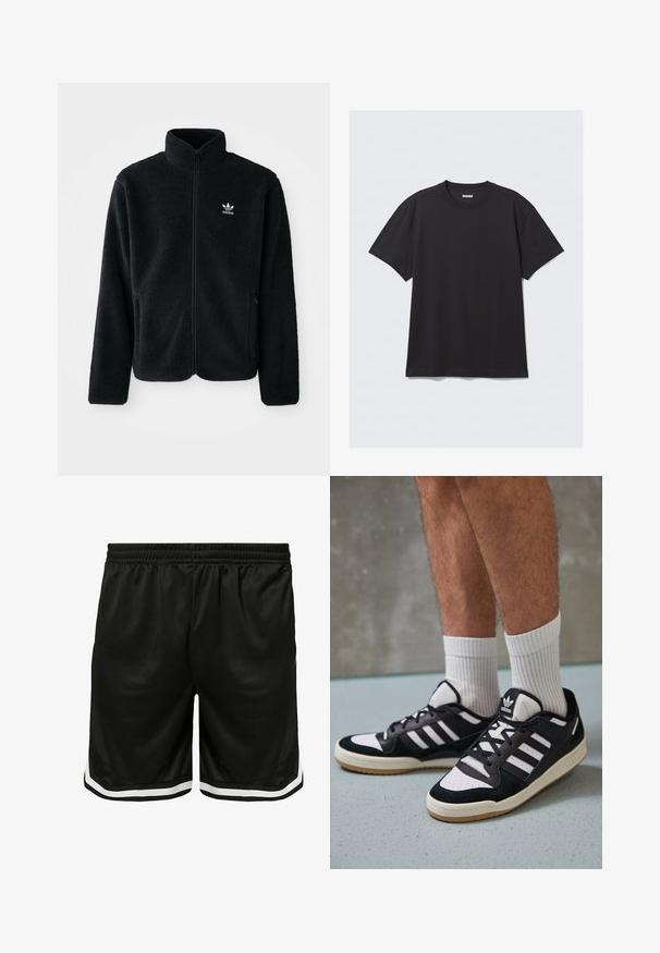 Chupa de forro polar negro con cuello alto, cierre frontal y bolsillos delanteros. Presenta tela texturizada y un pequeño logo blanco en el lado izquierdo del pecho.; Camiseta de algodón de manga corta en color negro. Cuenta con un cuello redondo y un corte relajado. Diseño sencillo sin patrones ni acentos visibles.; Pantalones cortos deportivos negros de tela de malla, con una cinturilla elástica, franjas laterales blancas y un corte relajado para mayor comodidad.; Zapatillas en blanco y negro con parte superior de ante y cuero, que presentan tres franjas blancas, una puntera perforada y una suela de goma.