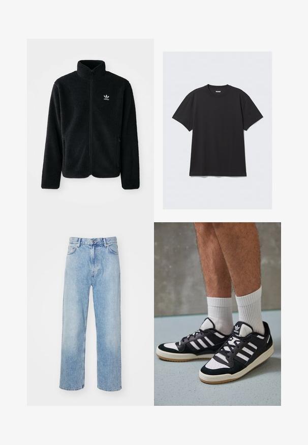 Zwarte fleece jacket met hoge kraag, ritssluiting aan de voorkant en voorzakken. Kenmerkt zich door textuurstof en een klein wit logo op de linkerborst.; Zwarte korte mouwen T-shirt van katoen. Kenmerkt zich door een ronde halslijn en een ontspannen pasvorm. Eenvoudig ontwerp zonder zichtbare patronen of accenten.; Lichtblauwe denimjeans met een rechte pijp ontwerp, voorzien van contrasterende stiksels, vijf zakken en een klassieke knoopsluiting.; Zwart-witte sneakers met een bovenwerk van suede en leer, voorzien van drie witte strepen, een geperforeerde neus en een rubberen gumzool.