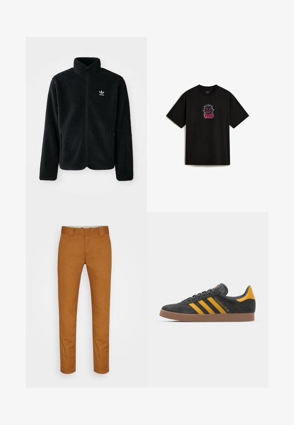 Sort fleecejakke med høj krave, lynlås foran og frontlommer. Har tekstureret stof og lille hvidt logo på venstre bryst.; Sort bomulds-tee med et frontgrafikdesign af en pigget tegneseriefigur og ordet "VANS" i lyserød skrift. Korte ærmer.; Brune bomuldsbukser med lige snit, frontlommer og en ren, glat tekstur. Har bæltesløjfer og diskrete syninger.; Sort suedet sneaker med gule accenter, der har tre striber og en brun gummisål. Inkluderer en polstret tunge for komfort.