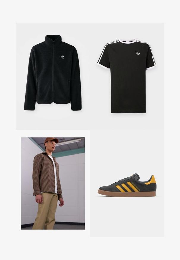 Μαύρο φλις μπουφάν με ψηλό γιακά, μπροστινό φερμουάρ και μπροστινές τσέπες. Διαθέτει υφασμάτινη υφή και μικρό λευκό λογότυπο στο αριστερό στήθος.; Μαύρο μπλουζάκι φτιαγμένο από βαμβάκι με άσπρες λεπτομέρειες. Διαθέτει κοντά μανίκια, ράγκλαν σχέδιο και ένα μικρό λογότυπο στο στήθος. Τρεις άσπρες ρίγες στους ώμους.; Καφέ καρό πουκάμισο με κουμπιά και μακριά μανίκια, φορεμένο με μπεζ παντελόνι, πάνω από ένα λευκό μπλουζάκι. Το μοντέλο στέκεται σε έναν απλό εσωτερικό χώρο.; Μαύρο σουέτ αθλητικό παπούτσι με κίτρινες λεπτομέρειες, διαθέτει τρεις ρίγες και καφέ λάστιχο σόλα. Περιλαμβάνει επενδυμένη γλώσσα για άνεση.