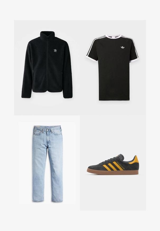 Must värviline fleecedee peasärk kõrge kraega, tõmblukuga esiosa ja esikotid. Omab tekstuuriga kangast ja väikest valget logo vasakul rinnal.; Must mustvalge T-särk, millel on valged detailid. Lühikesed varrukad, raglani disain ja väike logo rinnal. Õlgadel kolm valget triipu.; Heledad vasikad sinised teksad, sirge säärega disain, viie tasku stiil ja tugev õmbluse detailide töötlus. Omab lukuga värvliava ja metallist nuppu.; Mustad sametist spordijalatsid kollaste aktsentidega, millel on kolm triipu ja pruun kummitald. Mugavuse tagamiseks on neil pehmendatud keele osa.