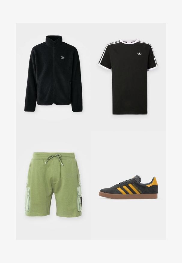 Veste en polaire noire avec col haut, fermeture éclair à l'avant et poches перед тобой. Présente un tissu texturé et un petit logo blanc sur la poitrine gauche.; T-shirt noir en coton avec des accents blancs. Doté de manches courtes, d'un design raglan et d'un petit logo sur la poitrine. Trois bandes blanches sur les épaules.; Shorts en coton verts avec taille élastique et cordon de serrage. Comprend deux poches cargo latérales et des accents de panneaux texturés sur les côtés.; Baskets en suede noir avec des accents jaunes, présentant trois rayures et une semelle en caoutchouc marron. Comprend une languette rembourrée pour le confort.