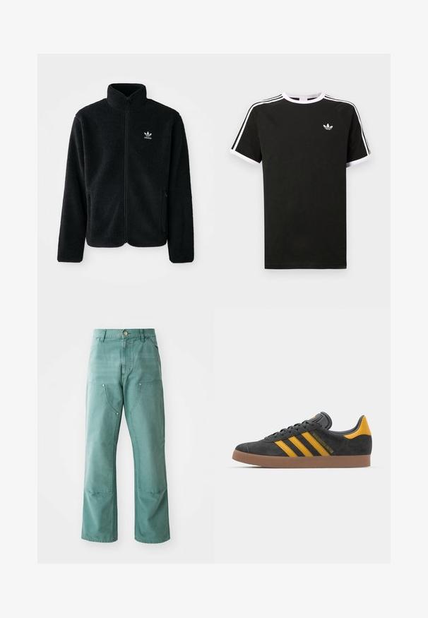 Melns flīsa mētelis ar augstu apkakli, ar rāvējslēdzēju priekšā un priekšējiem kabatām. Iezīmē ar teksturētu audumu un mazu baltu logo uz kreisā krūtīm.; Melna kokvilnas T-kreklu ar baltajiem akcentiem. Iezīmes īsas piedurknes, raglanu dizains un mazs logo uz krūšu. Trīs baltas svītras uz pleciem.; Platas kājas bikses teal krāsā, izgatavotas no denima auduma. Iezīmē priekšējās kabatas ar leņķveida atverēm un metāla pogu akcentiem.; Melnas zamšādas kedas ar dzelteniem akcentiem, kurām ir trīs svītras un brūna gumijas zole. Iekļauta mīksta valkāšanas tongue komfortam.