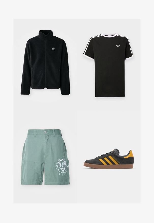 Black fleece jacket with high collar, zip front, and front pockets. Features textured fabric and small white logo on left chest.; Black t-shirt made of cotton with white accents. Features short sleeves, raglan design, and a small logo on the chest. Three white stripes on shoulders.; Green cotton shorts with a relaxed fit, featuring two front pockets and a white sun graphic on the right leg. Plain hemline, no patterns.; Black suede sneaker with yellow accents, featuring three stripes and a brown rubber sole. Includes a padded tongue for comfort.