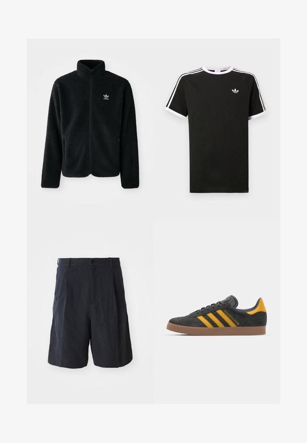 Black fleece jacket with high collar, zip front, and front pockets. Features textured fabric and small white logo on left chest.; Black t-shirt made of cotton with white accents. Features short sleeves, raglan design, and a small logo on the chest. Three white stripes on shoulders.; Weekday LOOSE SUIT - Shorts - black; Black suede sneaker with yellow accents, featuring three stripes and a brown rubber sole. Includes a padded tongue for comfort.