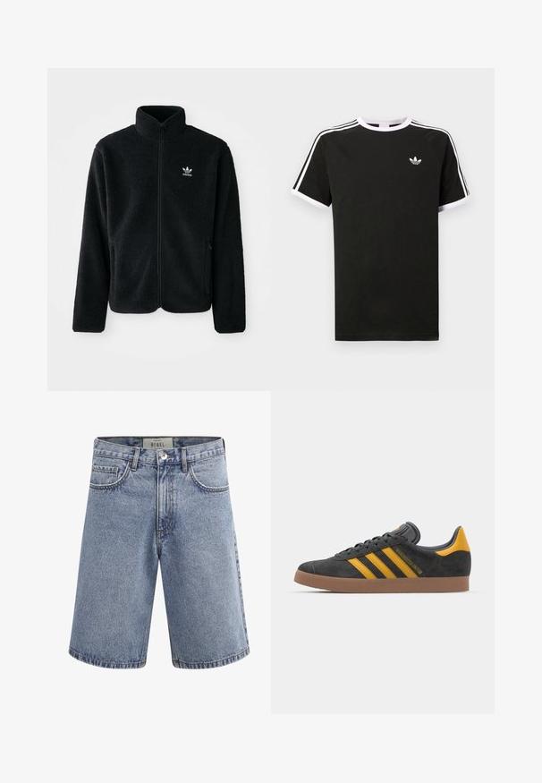 Casaco de fleece preto com gola alta, fecho de correr à frente e bolsos frontais. Apresenta um tecido texturizado e um pequeno logo branco no lado esquerdo do peito.; T-shirt preta feita de algodão com detalhes em branco. Apresenta mangas curtas, design raglan, e um pequeno logótipo no peito. Três riscas brancas nos ombros.; Bermudas de ganga em azul claro com um acabamento desbotado. Apresenta cinco bolsos, fecho de zipper e uma cintura de altura média. Bainhas de costura dupla.; Tenis em camurça preta com detalhes amarelos, apresentando três riscas e uma sola de borracha castanha. Inclui uma língua acolchoada para maior conforto.