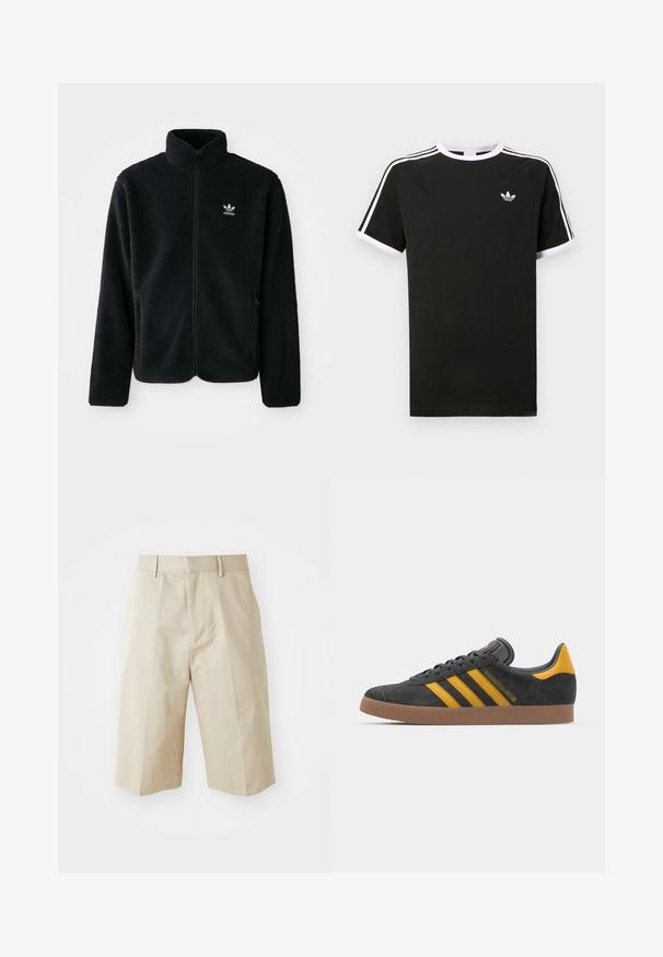 Black fleece jacket with high collar, zip front, and front pockets. Features textured fabric and small white logo on left chest.; Black t-shirt made of cotton with white accents. Features short sleeves, raglan design, and a small logo on the chest. Three white stripes on shoulders.; Beige tailored shorts with a straight cut, featuring belt loops, pleated front, and a smooth cotton texture. No pockets or additional details.; Black suede sneaker with yellow accents, featuring three stripes and a brown rubber sole. Includes a padded tongue for comfort.