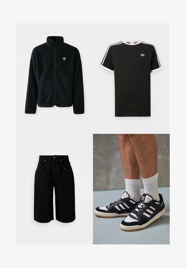 Černá fleecová bunda s vysokým límcem, předním zipem a předními kapsami. Disponuje strukturovanou tkaninou a malým bílým logem na levé hrudi.; Černé tričko vyrobené z bavlny s bílými akcenty. Má krátké rukávy, raglánový střih a malé logo na hrudi. Tři bílé pruhy na ramenou.; Černé džínové šortky se střihem rovných nohou, pěti kapsami, kovovým zapínáním na knoflík a jemnou texturou. Spodní okraj je zakončen čistým střihem.; Černobílé tenisky s vrchní částí z semišové a kožené kůže, včetně tří bílých pruhů, perforovaného špičky a podrážky z gumy.