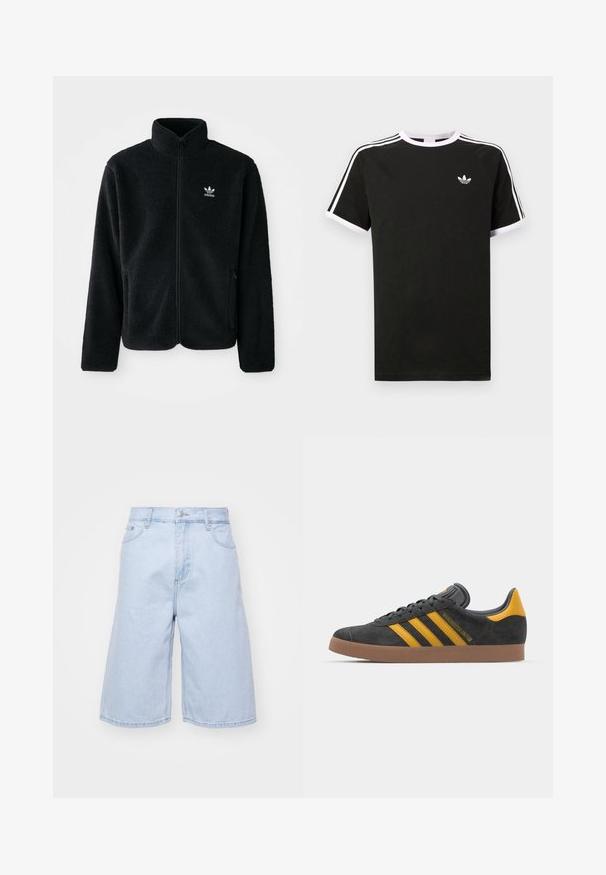 Must värviline fleecedee peasärk kõrge kraega, tõmblukuga esiosa ja esikotid. Omab tekstuuriga kangast ja väikest valget logo vasakul rinnal.; Must mustvalge T-särk, millel on valged detailid. Lühikesed varrukad, raglani disain ja väike logo rinnal. Õlgadel kolm valget triipu.; Heledad sinine denimist lühikesed püksid, millel on mugav lõige, kõrge vöökoht, viis taskut ja tõmblukk. Puhtad servad ja minimaalne kulumine.; Mustad sametist spordijalatsid kollaste aktsentidega, millel on kolm triipu ja pruun kummitald. Mugavuse tagamiseks on neil pehmendatud keele osa.