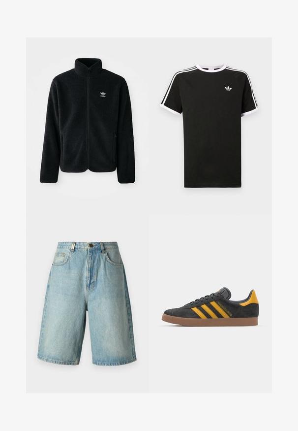 Zwarte fleece jacket met hoge kraag, ritssluiting aan de voorkant en voorzakken. Kenmerkt zich door textuurstof en een klein wit logo op de linkerborst.; Zwarte T-shirt van katoen met witte accenten. Beschikt over korte mouwen, raglanontwerp en een klein logo op de borst. Drie witte strepen op de schouders.; Lichtblauwe denim shorts met een ontspannen pasvorm, voorzien van frontzakken, een knoopsluiting en een vervaagde wassingen met subtiele wassingdetails.; Zwarte suède sneakers met gele accenten, voorzien van drie strepen en een bruine rubberen zool. Inclusief een gevoerde tong voor comfort.
