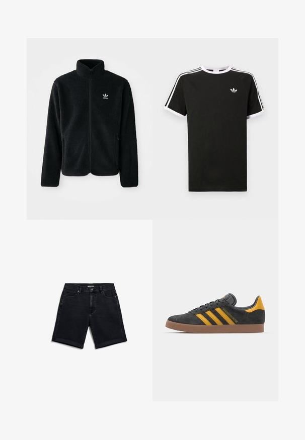 Zwarte fleece jacket met hoge kraag, ritssluiting aan de voorkant en voorzakken. Kenmerkt zich door textuurstof en een klein wit logo op de linkerborst.; Zwarte T-shirt van katoen met witte accenten. Beschikt over korte mouwen, raglanontwerp en een klein logo op de borst. Drie witte strepen op de schouders.; Zwarte denim shorts met een rechte snit, subtiele vervaging, opgerolde zomen, vijfzakkenontwerp en een enkele knoopsluiting bij de taille.; Zwarte suède sneakers met gele accenten, voorzien van drie strepen en een bruine rubberen zool. Inclusief een gevoerde tong voor comfort.