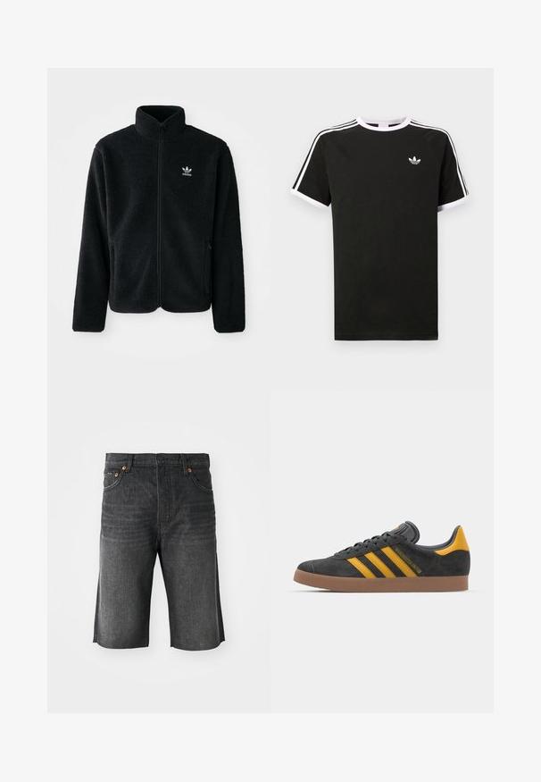 Black fleece jacket with high collar, zip front, and front pockets. Features textured fabric and small white logo on left chest.; Black t-shirt made of cotton with white accents. Features short sleeves, raglan design, and a small logo on the chest. Three white stripes on shoulders.; Denim shorts in dark gray with a straight cut, five pockets, and orange stitching on the front. Clean hem finish at the cuffs.; Black suede sneaker with yellow accents, featuring three stripes and a brown rubber sole. Includes a padded tongue for comfort.