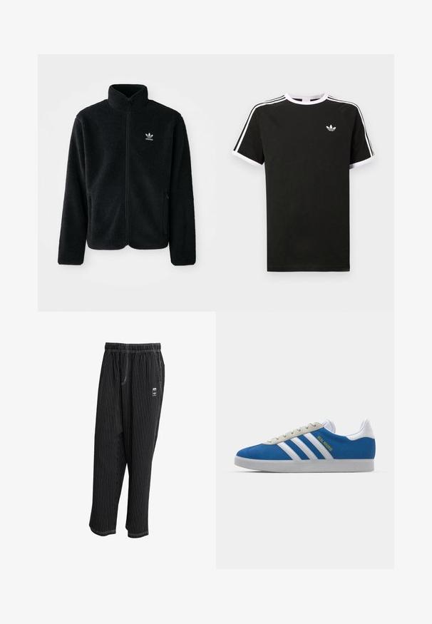 Casaco de fleece preto com gola alta, fecho de correr à frente e bolsos frontais. Apresenta um tecido texturizado e um pequeno logo branco no lado esquerdo do peito.; T-shirt preta feita de algodão com detalhes em branco. Apresenta mangas curtas, design raglan, e um pequeno logótipo no peito. Três riscas brancas nos ombros.; Calças de riscas pretas com cintura elástica, bolsos laterais e uma pequena etiqueta com logótipo à frente. Tecido leve com uma textura suave.; adidas Originals ADIDAS GAZELLE SHOES - Botas de futebol de salão - real madrid/bluebird/footwear white/crew yellow