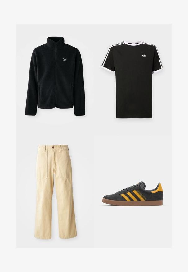 Črna flis jakna z visokim ovratnikom, z zadrgo spredaj in sprednjimi žepi. Ima strukturno blago in majhno belo logo na levi strani prsnega koša.; Črna majica s kratkimi rokavi, izdelana iz bombaža, s belimi detajli. Ima raglan kroj in majhen logo na prsih. Tri bele črte na ramenih.; Beige široke hlače iz bombaža. Imajo visok pas, dva sprednja žepa z ravnim dizajnom in zapiranje z enim gumbom.; Črne semiš tene z rumenimi akcenti, ki vsebujejo tri trakove in rjavo gumo podplat. Vključujejo oblazinjeno jezik za udobje.
