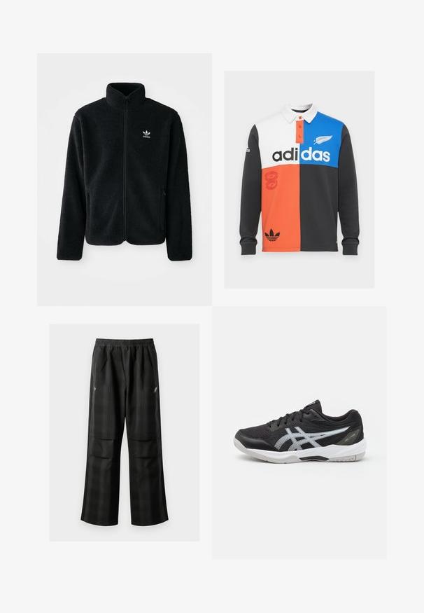 Must värviline fleecedee peasärk kõrge kraega, tõmblukuga esiosa ja esikotid. Omab tekstuuriga kangast ja väikest valget logo vasakul rinnal.; Värviblokiga pikkade varrukatega polo särk mustas, valges, oranžis ja sinises, millel on krae, nööbiplokk ning silmapaistev Adidas bränding.; Mustas ruudulised püksid, millel on elastne vöökoht, kaks esimest taskut ja laiem lõige sirge jala disainiga. Valmistatud kergest materjalist.; Must mustus jalanõud, millel on võrgust üleosa, peegeldav hõbedane logo, kummist tald ja valged detailid. Omab pehmendatud krae ja vastupidavat disaini.