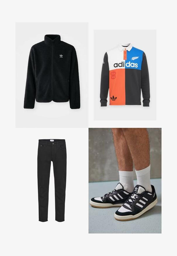 Črna flis jakna z visokim ovratnikom, z zadrgo spredaj in sprednjimi žepi. Ima strukturno blago in majhno belo logo na levi strani prsnega koša.; Barvni blokirani dolgi rokav polo majica v črni, beli, oranžni in modri barvi, z ovratnikom, gumbnim zapiranjem in opaznim Adidasovim logotipom.; Črne usnjene hlače imajo pet žepov, zadrgo, slim fit kroj in subtilne detajle šivanja. Tkanina ima gladko teksturo.; Črno-bele superge z zgornjim delom iz usnja in nubuka, ki imajo tri bele črte, perforiran vrh prstov in podplat iz gume.