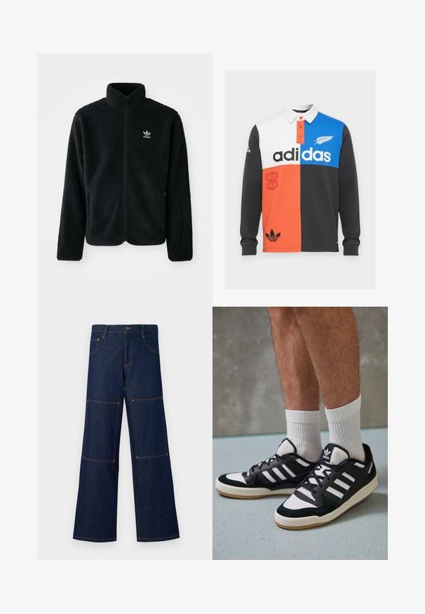 Juodas fliso džemperis su aukštu apykakle, užtrauktuku priekyje ir priekinėmis kišenėmis. Ypatybės: tekstūruota medžiaga ir mažas baltas logotipas kairėje krūtinės pusėje.; Juodos, baltos, oranžinės ir mėlynos spalvų blokų ilgų rankovių polo marškiniai su apykakle, mygtukų užsegimu ir išskirtiniu Adidas ženklinimu.; Tamsiai mėlynos džinsinės plačios kelnes su kontrastingomis oranžinėmis siūlėmis, turinčios dideles kišenes kiekvienoje kojinėje ir mygtuko uždarymą juosmens srityje.; Juodos ir baltos sportinės bateliai su zomšiniu ir odiniu viršumi, su trimis baltomis juostelėmis, perforuota koja ir guminėmis padais.