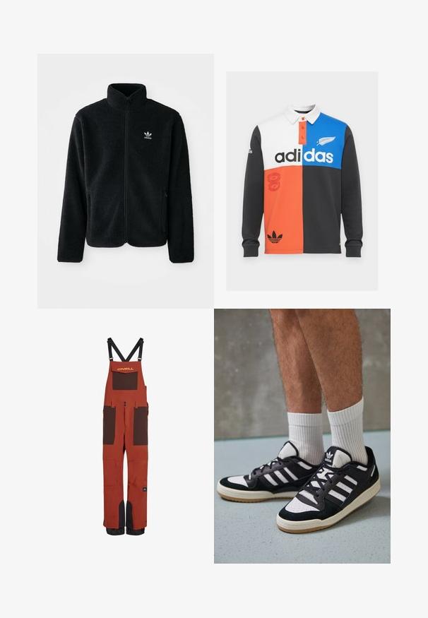 Veste en polaire noire avec col haut, fermeture éclair à l'avant et poches перед тобой. Présente un tissu texturé et un petit logo blanc sur la poitrine gauche.; Polo shirt à manches longues en blocs de couleur noir, blanc, orange et bleu, avec un col, une patte de boutonnage et un logo Adidas bien visible.; Salopettes imperméables rouges avec détails marron, bretelles ajustables, plusieurs poches et poignets renforcés pour plus de durabilité.; Baskets noir et blanc avec une tige en suède et cuir, comportant trois rayures blanches, un bout perforé et une semelle en caoutchouc gum.