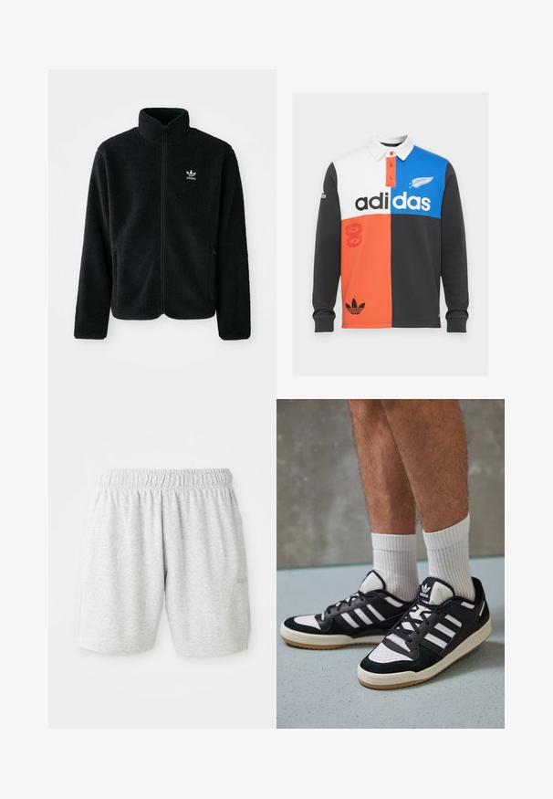 Zwarte fleece jacket met hoge kraag, ritssluiting aan de voorkant en voorzakken. Kenmerkt zich door textuurstof en een klein wit logo op de linkerborst.; Kleurgeblokte lange mouwen polo shirt in zwart, wit, oranje en blauw, met een kraag, knoopsluiting en opvallende Adidas branding.; Grijze katoenen shorts met een elastische tailleband, voorzien van een soepele textuur en zijzakken. Subtiele logodetail op de zoom.; Zwart-witte sneakers met een bovenwerk van suede en leer, voorzien van drie witte strepen, een geperforeerde neus en een rubberen gumzool.