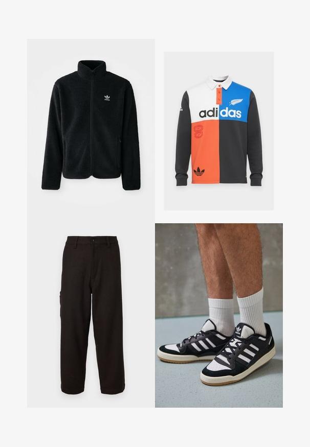 Sort fleecejakke med høj krave, lynlås foran og frontlommer. Har tekstureret stof og lille hvidt logo på venstre bryst.; Farvet opdelt langærmet polo shirt i sort, hvid, orange og blå, med krave, knaplukning og fremtrædende Adidas branding.; Sorte bukser med et herringbone-mønster, lige snit, knaplukning og sidelommer for funktionalitet. Blødt stof, skræddersyet pasform.; Sorte og hvide sneakers med en overdel i ruskind og læder, der har tre hvide striber, en perforeret tå og en sål i gummigummi.