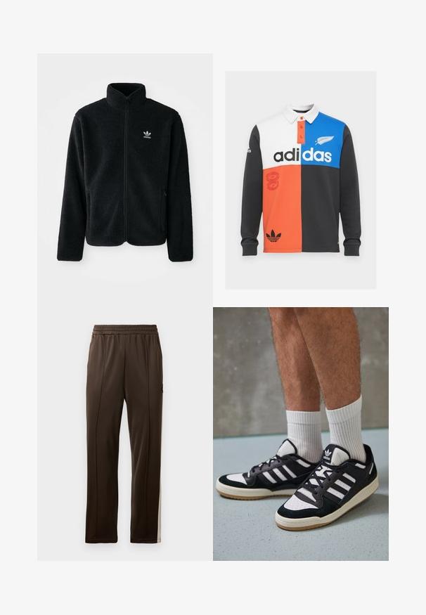 Crna fleec jakna s visokim ovratnikom, prednjim zatvaračem i prednjim džepovima. Ima teksturirani materijal i mali bijeli logo na lijevoj strani prsnog koša.; Majica s dugim rukavima u boji koja kombinira crnu, bijelu, narančastu i plavu, s ovratnikom, gumbima i istaknutim Adidas logotipom.; Smeđe atletske hlače s elastičnim pojasom, bočnim trakama u svjetljoj nijansi i džepom s malim logotipom. Glatka tekstura.; Crne i bijele tenisice s gornjim dijelom od antilopa i kože, s tri bijele pruge, perforiranim prstom i gumiranim potplatom.