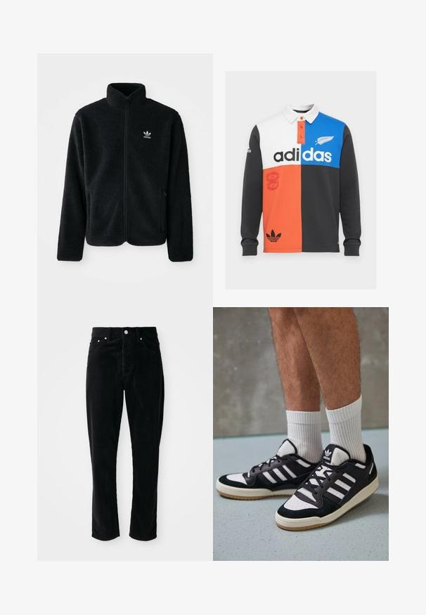 Casaco de fleece preto com gola alta, fecho de correr à frente e bolsos frontais. Apresenta um tecido texturizado e um pequeno logo branco no lado esquerdo do peito.; Polo de manga longa em cores bloqueadas nas cores preto, branco, laranja e azul, com colarinho, pala com botões e com uma marcação em destaque da Adidas.; Calças de veludo cotelê pretas com cintura alta, perna reta, cinco bolsos e ferragens prateadas, apresentando um padrão texturizado em nervuras por toda a peça.; Ténis em preto e branco com upper em camurça e couro, apresentando três riscas brancas, um toe perfurado e uma sola em borracha de goma.