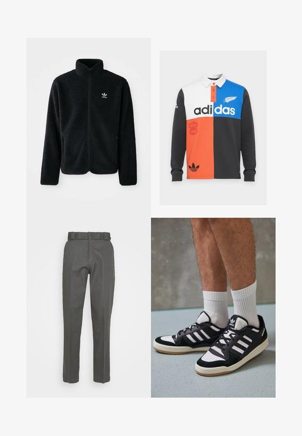 Black fleece jacket with high collar, zip front, and front pockets. Features textured fabric and small white logo on left chest.; Color-blocked long-sleeve polo shirt in black, white, orange, and blue, with a collar, button placket, and prominent Adidas branding.; Gray trousers with a straight leg design, made of a smooth fabric. Features a waistband with belt loops and minimal stitching details.; Black and white sneakers with a suede and leather upper, featuring three white stripes, a perforated toe, and a gum rubber sole.