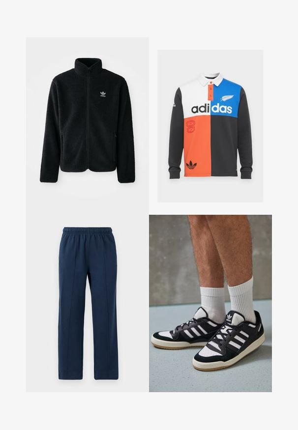 Chupa de forro polar negro con cuello alto, cierre frontal y bolsillos delanteros. Presenta tela texturizada y un pequeño logo blanco en el lado izquierdo del pecho.; Polo de manga larga con bloques de color en negro, blanco, naranja y azul, con cuello, tapa de botones y una destacada marca de Adidas.; Pantalones azul marino con cintura elástica y corte relajado. Cuenta con detalles de costura vertical y textura suave de algodón.; Zapatillas en blanco y negro con parte superior de ante y cuero, que presentan tres franjas blancas, una puntera perforada y una suela de goma.