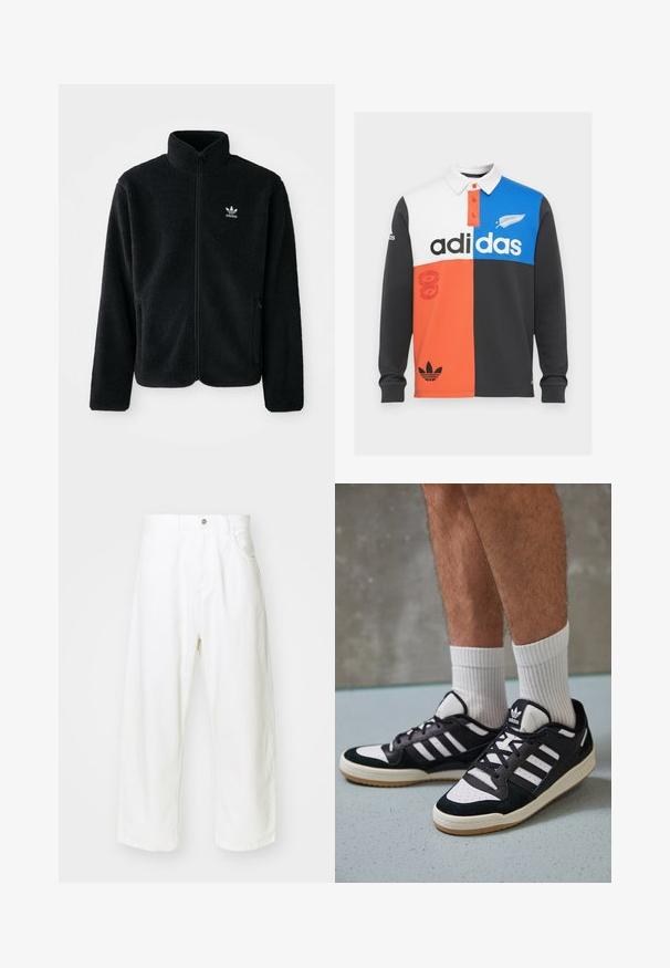 Sort fleecejakke med høj krave, lynlås foran og frontlommer. Har tekstureret stof og lille hvidt logo på venstre bryst.; Farvet opdelt langærmet polo shirt i sort, hvid, orange og blå, med krave, knaplukning og fremtrædende Adidas branding.; Hvide vide jeans lavet af denim, med høj talje, fem lommer og knaplukning. Enkel design med rå kantafslutninger.; Sorte og hvide sneakers med en overdel i ruskind og læder, der har tre hvide striber, en perforeret tå og en sål i gummigummi.