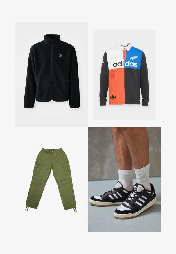 Černá fleecová bunda s vysokým límcem, předním zipem a předními kapsami. Disponuje strukturovanou tkaninou a malým bílým logem na levé hrudi.; Polo tričko s dlouhým rukávem v barevném bloku v černé, bílé, oranžové a modré barvě, s límečkem, knoflíkovou légou a výrazným brandingem Adidas.; Olivově zelené cargo kalhoty vyrobené z lehké látky, s elastickým pasem, šňůrkami a několika bočními kapsami.; Černobílé tenisky s vrchní částí z semišové a kožené kůže, včetně tří bílých pruhů, perforovaného špičky a podrážky z gumy.