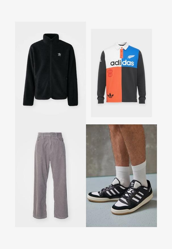 Musta fleece-takki, jossa on korkea kaulus, vetoketjusuljenta ja etutaskut. Käyttää teksturoitua kangasta ja siinä on pieni valkoinen logo vasemmassa rinnassa.; Värgbockad långärmad polo i svart, vitt, orange och blått, med krage, knapprad och framträdande Adidas-logotyp.; Harmaat corduroy-housut leveällä lahje-muotoilulla, joissa on pystysuuntaista ribbikuviointia, nappikiinnitys ja kaksi etutaskua.; Valkoiset ja mustat tennarit, joissa on mokkanahka- ja nahkapäällinen, kolme valkoista raitaa, rei'itetty kärki ja kumipohja.