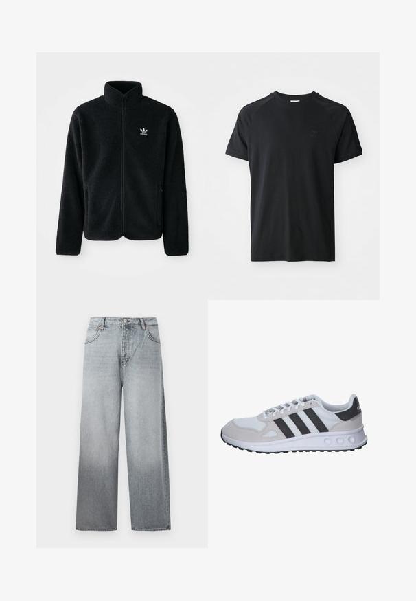 Black fleece jacket with high collar, zip front, and front pockets. Features textured fabric and small white logo on left chest.; Black cotton t-shirt with a crew neck, short sleeves, and raglan design. Features a textured logo on the left chest. Smooth finish.; Light gray wide-leg jeans with a faded effect, featuring a button and zipper closure, five-pocket design, and contrast stitching.; Gray and white athletic shoe featuring a mesh upper, suede accents, three black stripes, and a textured rubber sole with round cutouts.