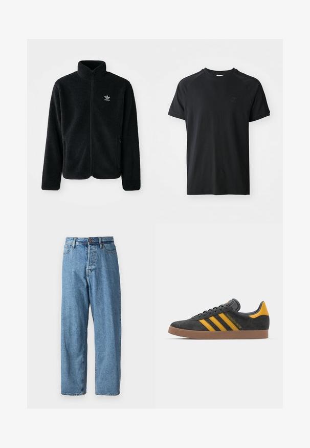 Czarna polarowa kurtka z wysokim kołnierzem, zamek z przodu i kieszeniami z przodu. Posiada teksturowany materiał i małe białe logo na lewej piersi.; Czarna bawełniana koszulka z okrągłym dekoltem, krótkim rękawem i designem raglanowym. Posiada teksturowane logo po lewej stronie klatki piersiowej. Gładkie wykończenie.; Jasnoniebieskie dżinsy o luźnym kroju, z zapięciem na guziki, pięcioma kieszeniami i minimalnym wyblaknięciem dla czystego wyglądu. Klasyczny projekt zwężającego się nogawki.; Czarne zamszowe sneakersy z żółtymi akcentami, z trzema paskami i brązową gumową podeszwą. Posiadają wyściełany język dla większego komfortu.